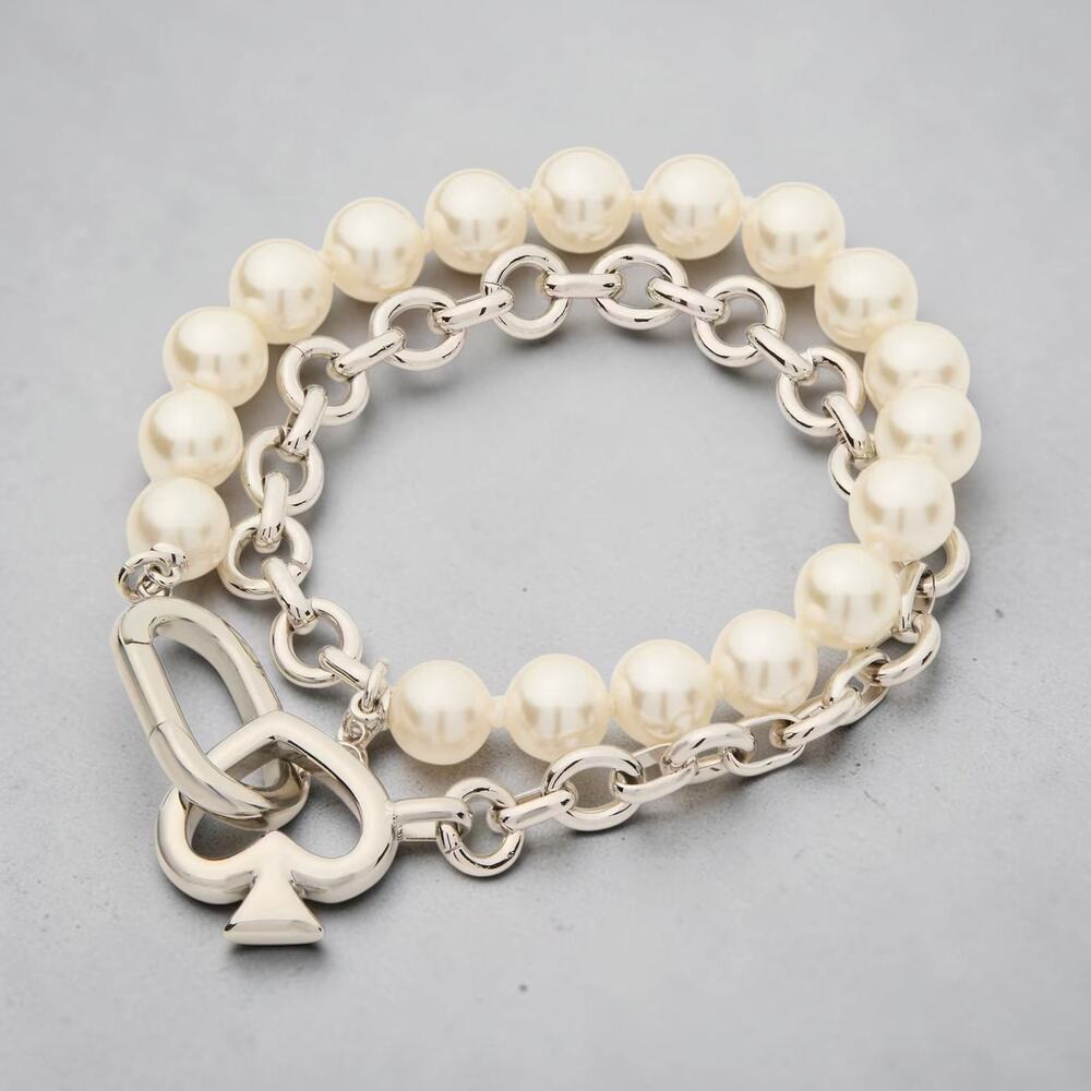NWT Kate Spade Statement Spade Pearl Wrap Bracelet Cream Silver KM162 New